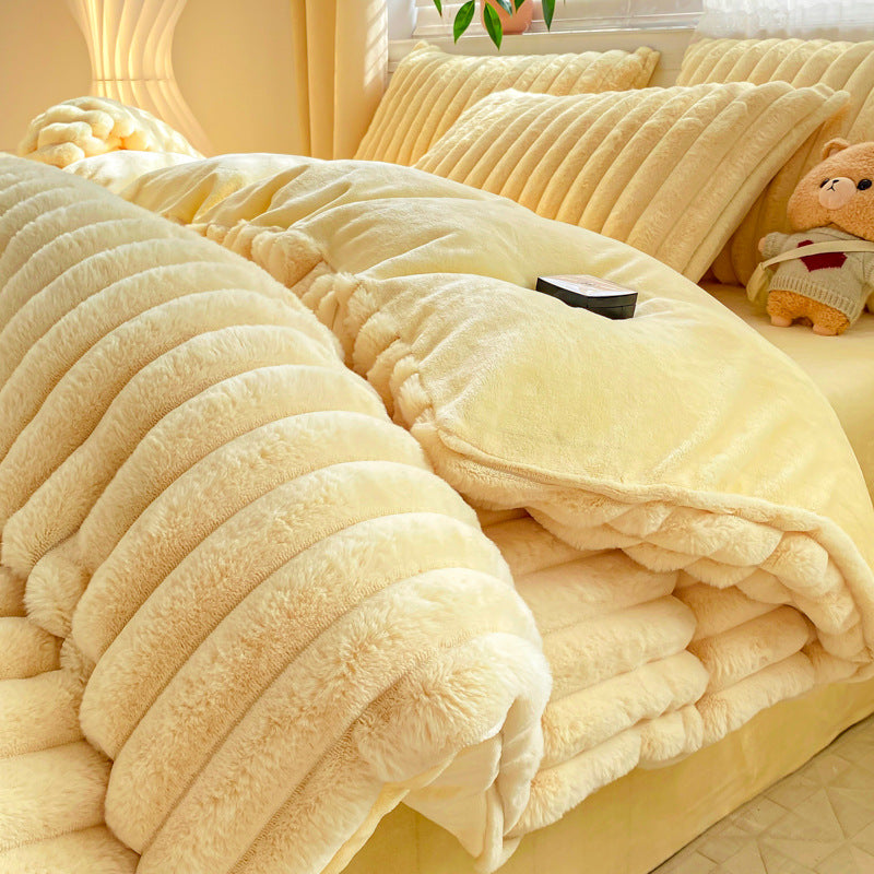 Rabbit Plush Four-piece Set Thickened Milk Fiber Sheets Coral Fleece Duvet Cover