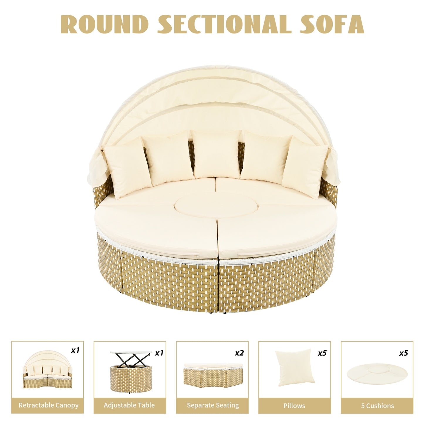 TOPMAX Terrassenmöbel Rundes Outdoor-Sofa-Set Rattan-Tagesbett Zweifarbige Web-Sonnenliege Mit Ret