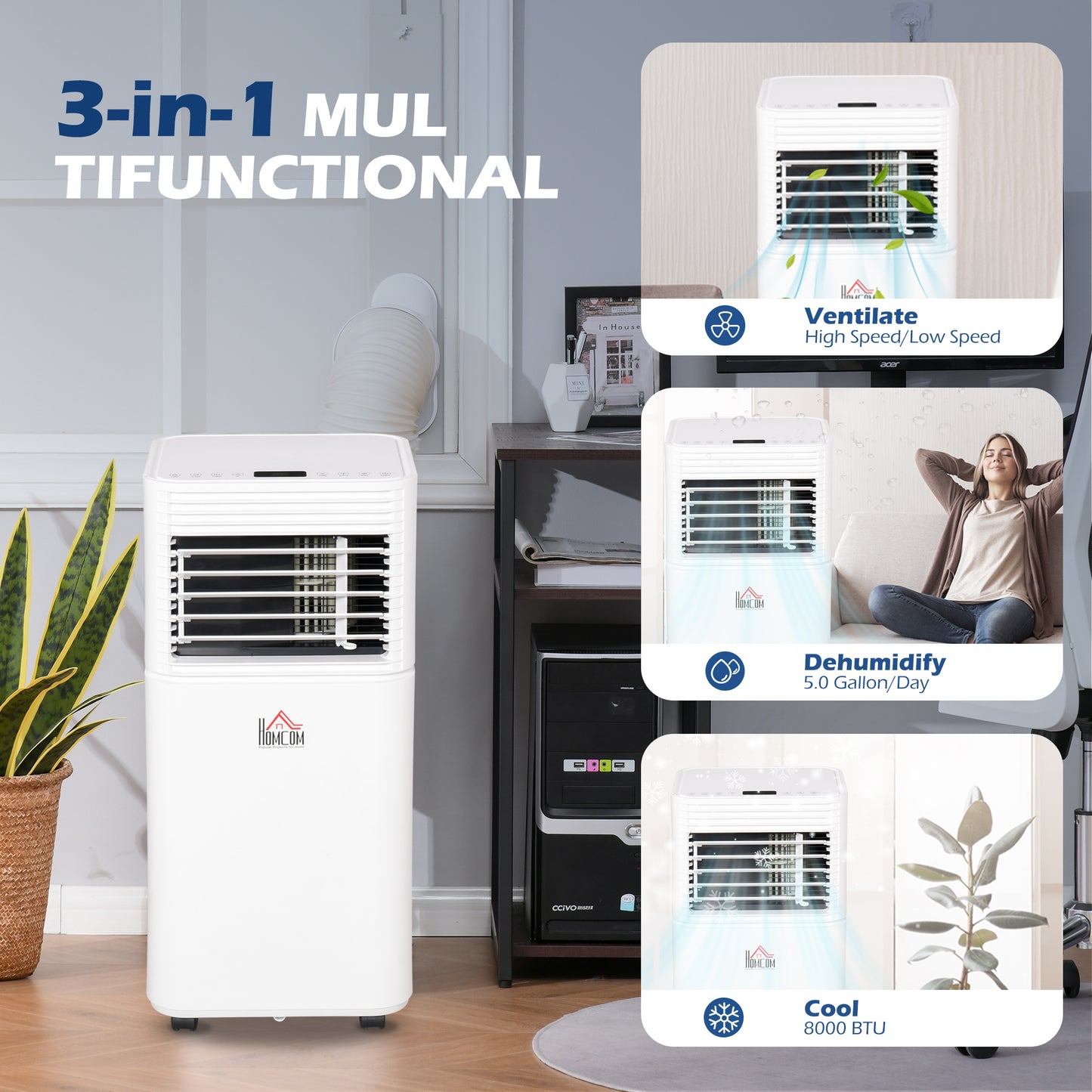 8000 BTU Portable Air Conditioner for Rooms Uo to 344 Sq.Ft.