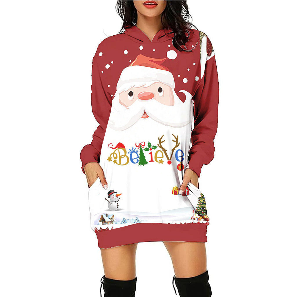 Women's Fashion Printed Christmas Holiday Party Sweatshirt Dresses