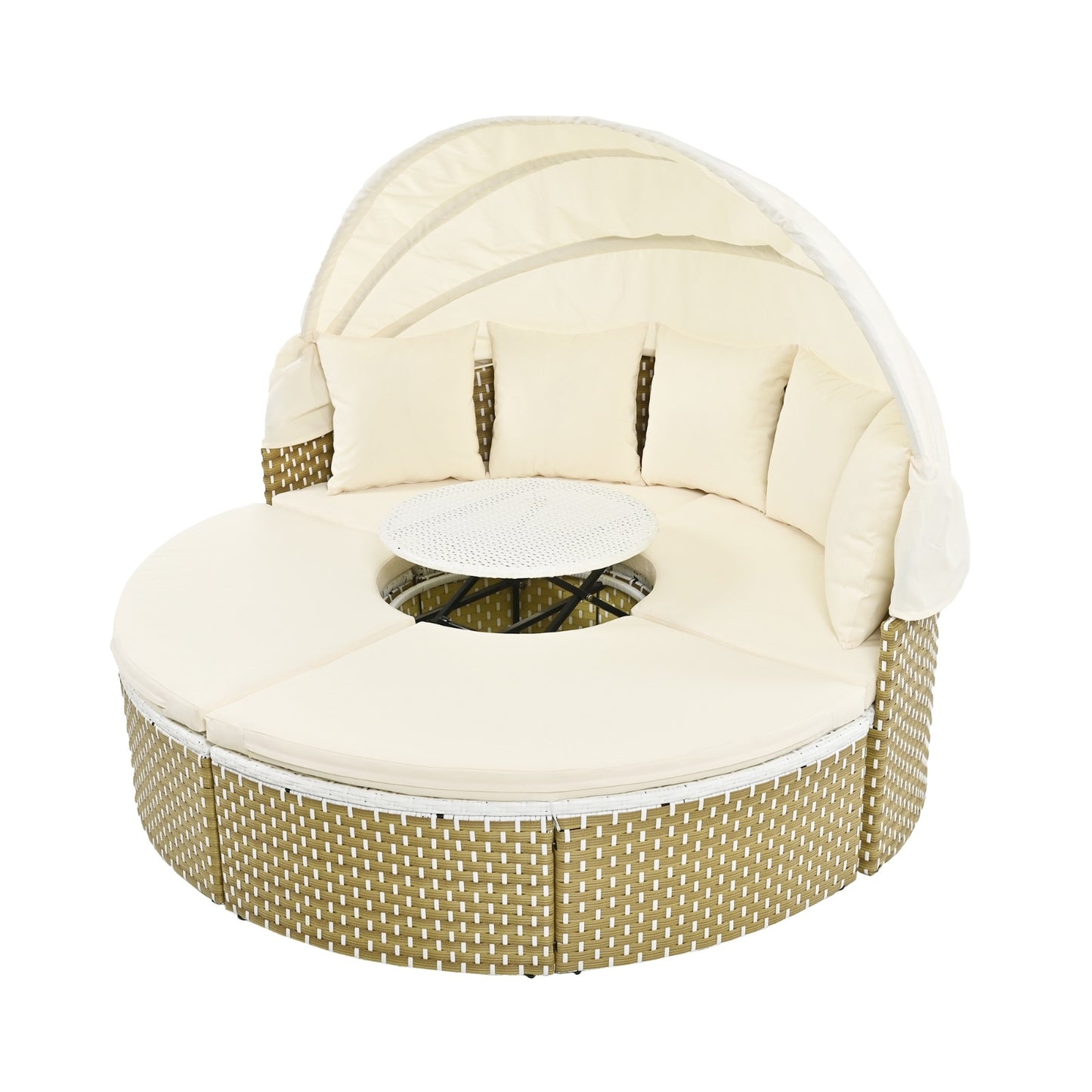 TOPMAX Terrassenmöbel Rundes Outdoor-Sofa-Set Rattan-Tagesbett Zweifarbige Web-Sonnenliege Mit Ret
