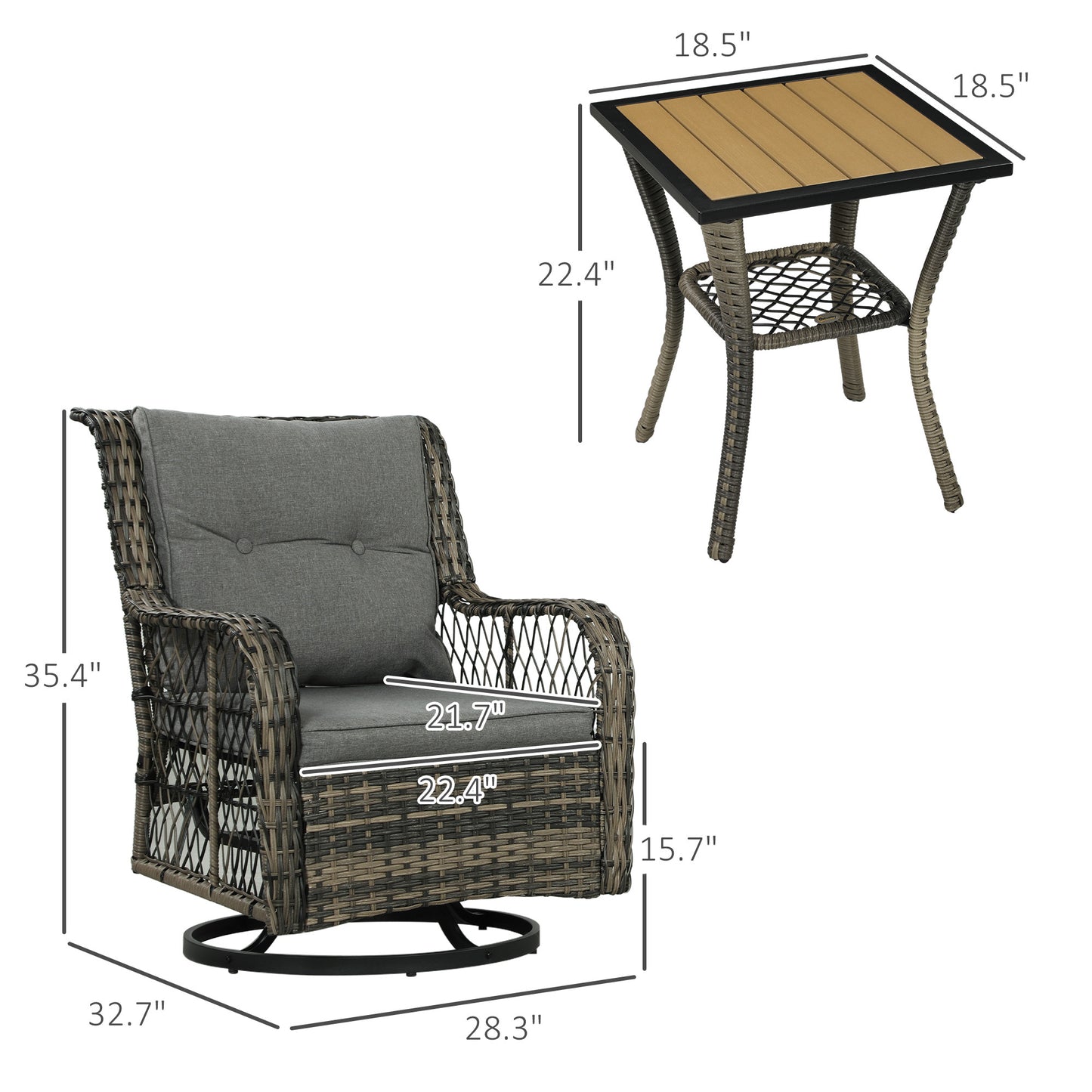 3 Piece Outdoor Bistro Set, Wicker Small Patio Furniture Set With Swivel Glider Chairs For Balcony, Porch, Gray