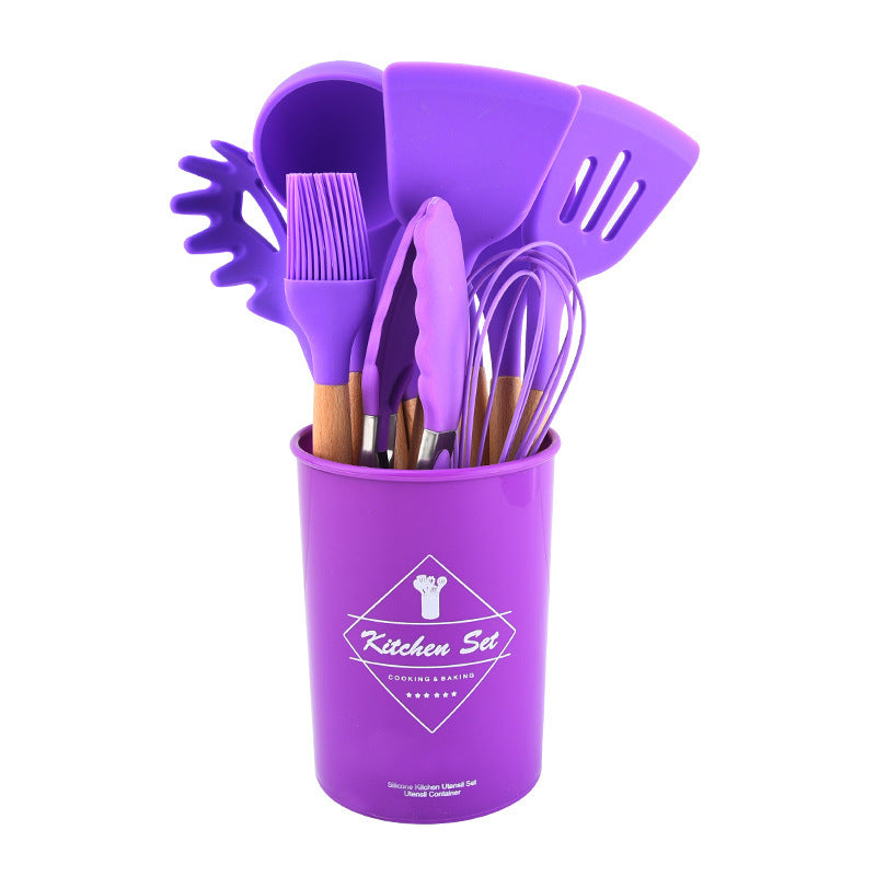 Wooden Handle Silicone Kitchenware Set 12-piece Cooking Non-stick Pan