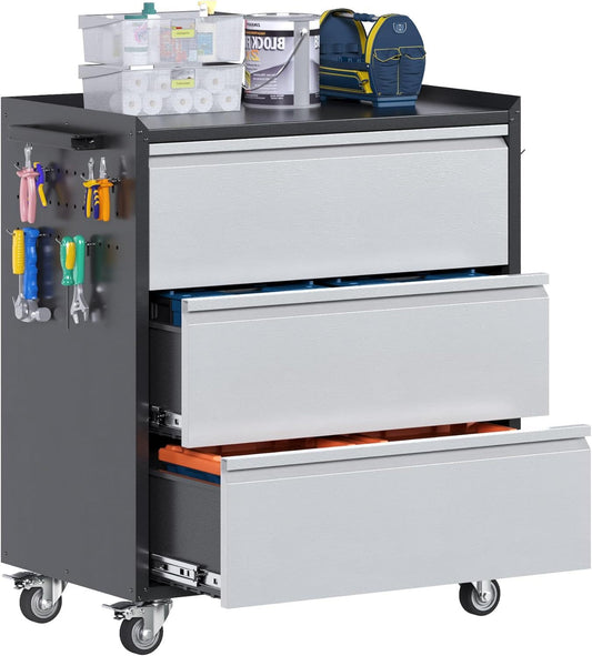Aobabo Metal Garage Tool Storage Cabinets With Wheels, Steel Cabinet With Drawer, 3 Drawers Rolling Tools Chest Cabinet For Garage, Warehouse, Assembly Required, Black Grey