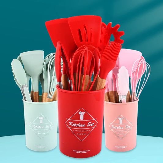 Wooden Handle Silicone Kitchenware Set 12-piece Cooking Non-stick Pan