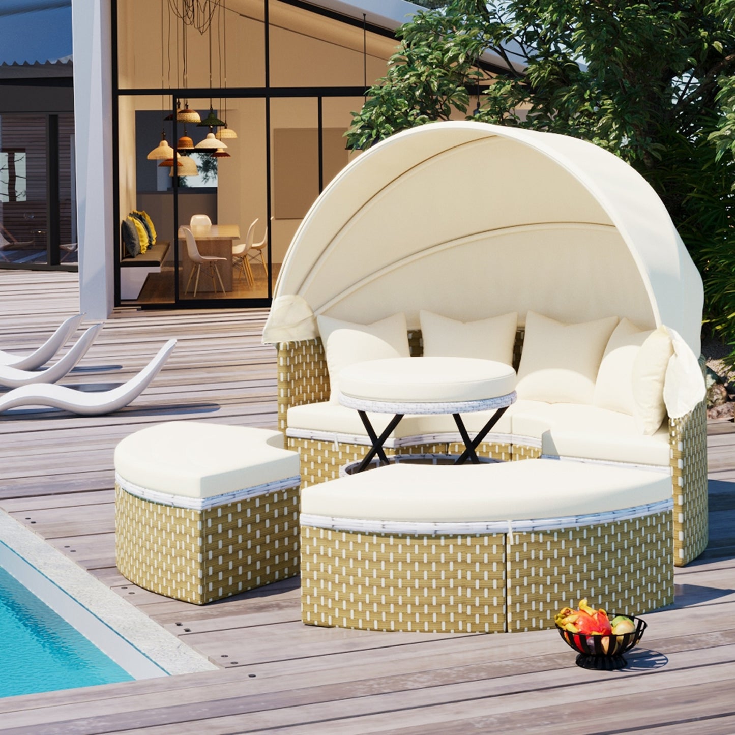 TOPMAX Terrassenmöbel Rundes Outdoor-Sofa-Set Rattan-Tagesbett Zweifarbige Web-Sonnenliege Mit Ret