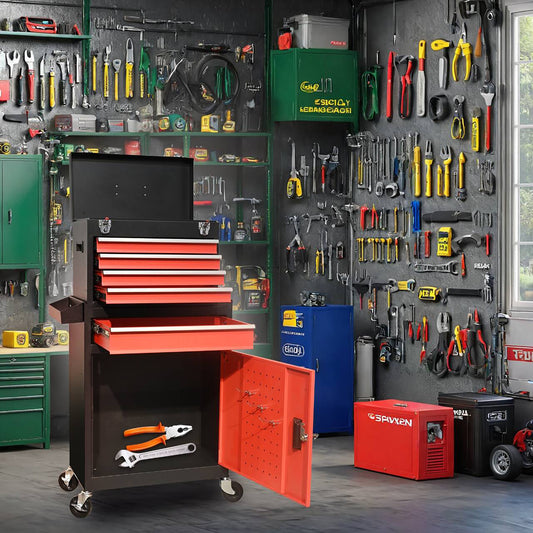 Five-Drawer Rolling Tool Chest With Wheels, Detachable Cabinet Storage Tool Box With Drawers, Metal Tool Cart With Toolbox For Garage Workshop WarehouseBLACK RED
