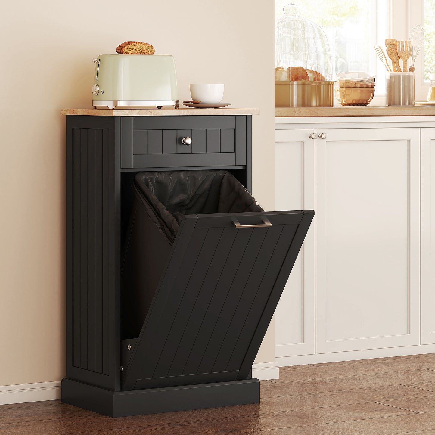 Kitchen Tilt Out Trash Bin Cabinet Free Standing Recycling Cabinet Trash Can Holder With Drawer
